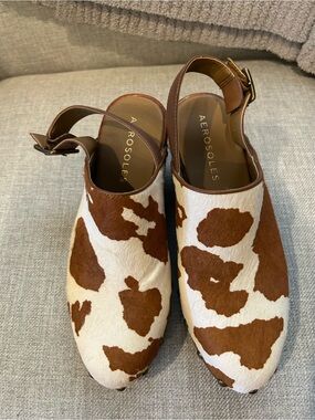 AEROSOLES Brown and White Cowhide Slingback Clogs